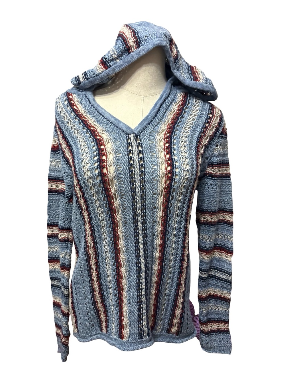 Eddie Bauer Womens Blue Striped Open Knit Hooded Sweater Pullover - size m